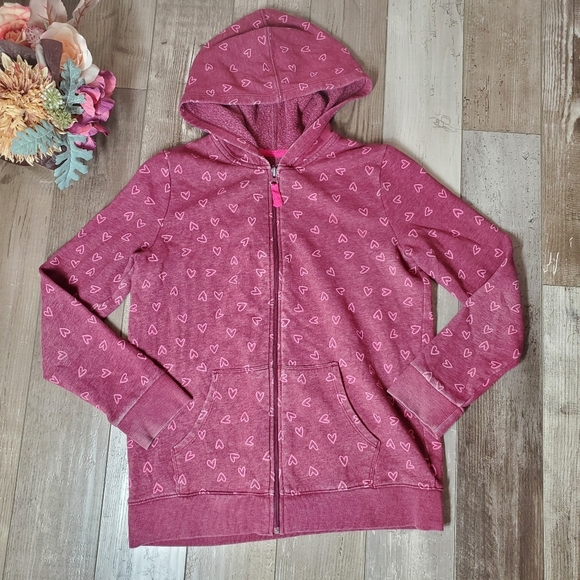 Cat & Jack Burgundy and Pink Heart Pattern Zip-Up Girls Size XL Casual Jacket - Picture 1 of 16